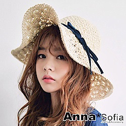 AnnaSofia 手工花編簷黑綁帶 寬簷防曬遮陽草帽(米杏系)