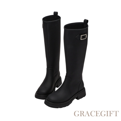 【Grace Gift】極簡方釦圓頭厚底長靴 霧面黑