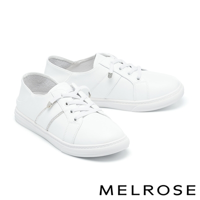 休閒鞋 MELROSE 美樂斯 簡約日常水鑽條彈性鞋帶牛皮QQ厚底休閒鞋－白
