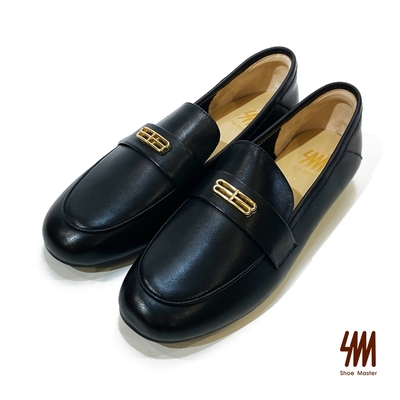 SM 個性金屬釦羊皮紳士樂福鞋(黑色)