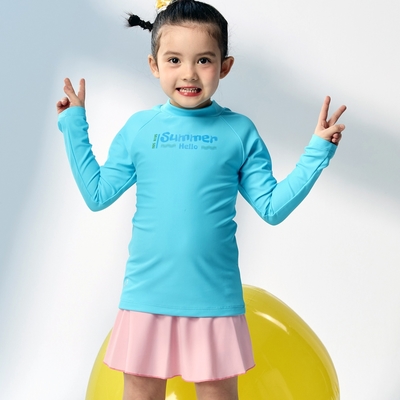 聖手牌 泳裝 水藍素面長袖抗UV防曬機能衣兒童泳裝