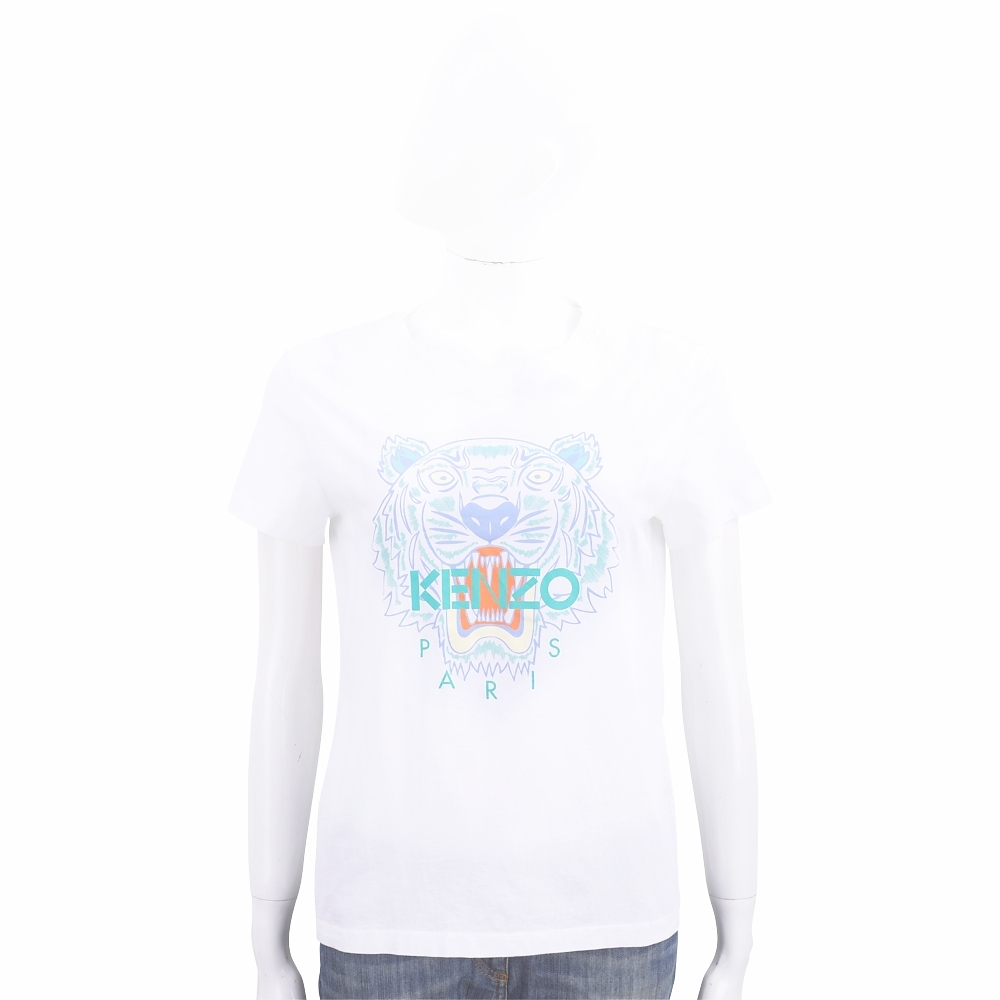 KENZO Tiger 藍彩虎頭綠字母印花白色短袖TEE T恤(女款)