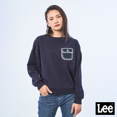 Lee 女款 手繪口袋長袖圓領大學T/厚T 率性藍