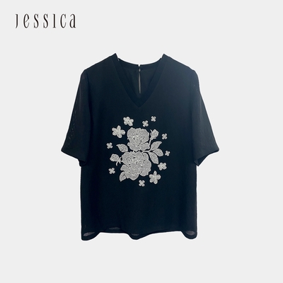 JESSICA - 優雅網眼紗立體花卉刺繡短袖上衣（黑）