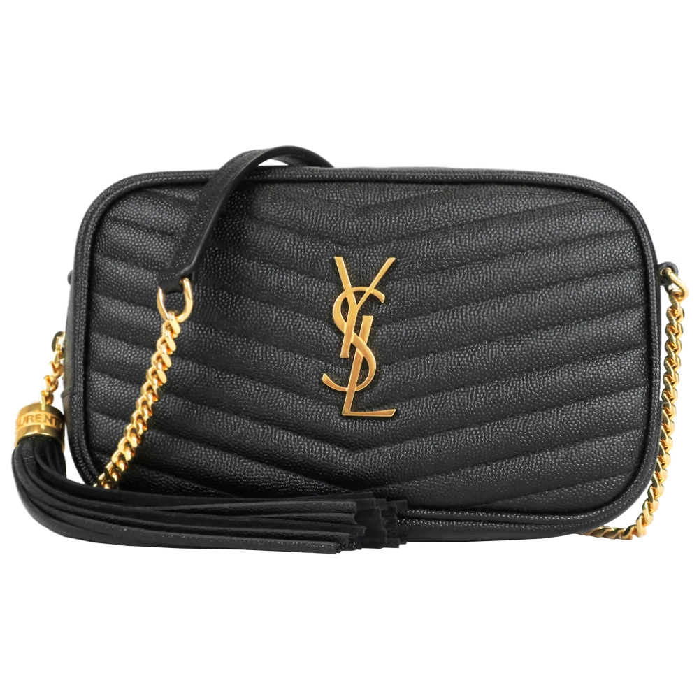 YSL V字縫線魚子醬牛皮金屬LOGO流蘇相機包(金x黑)