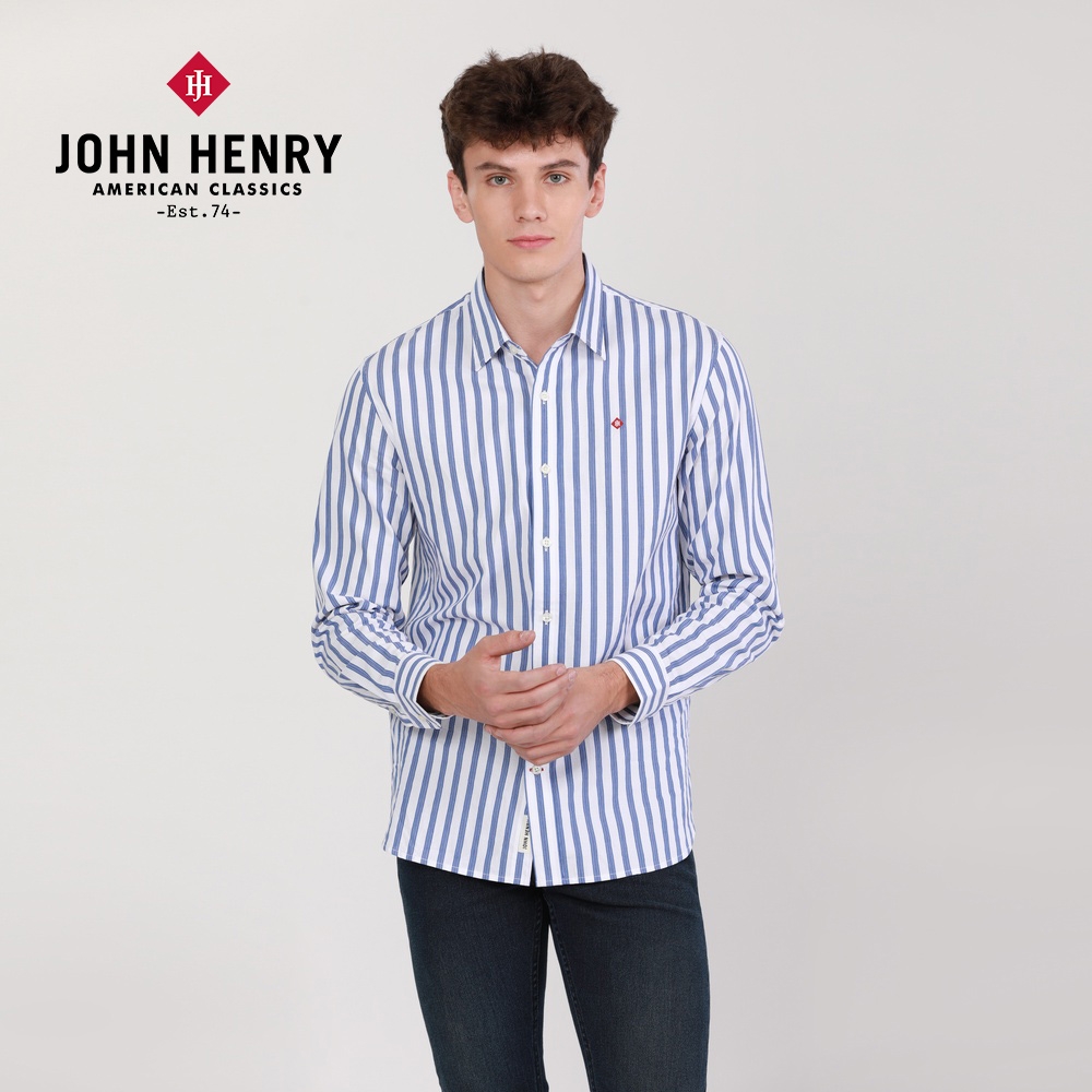 JOHN HENRY 刺繡直條相間長袖襯衫-藍
