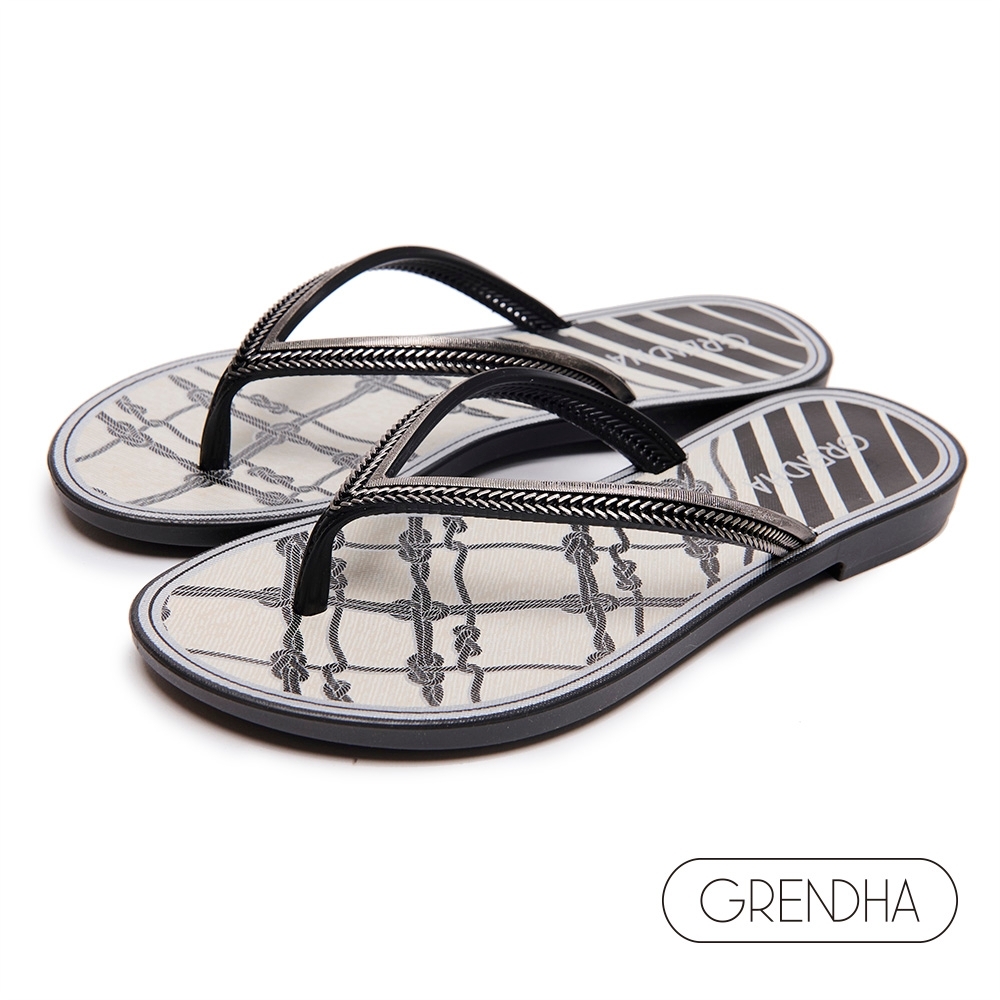 Grendha 海洋風結繩圖飾人字鞋-黑色/銀