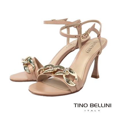 Tino Bellini 巴西進口金屬鍊飾牛皮繫踝10CM高跟涼鞋-駝