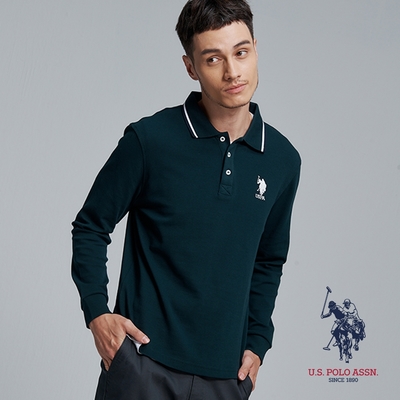 U.S. POLO ASSN. 中馬翻領長袖POLO衫-墨綠色