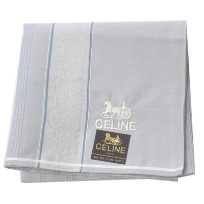 CELINE 品牌馬車字母LOGO圖騰刺繡直紋浮水印鍊條帕領巾(淺灰色系)