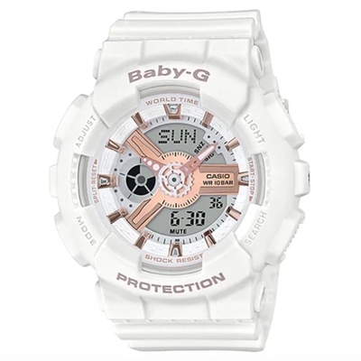 CASIO 卡西歐 BABY-G 街頭流行玫瑰金時刻運動雙顯錶-白色 BA-110RG-7A 防水100米