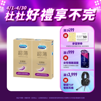 【Durex杜蕾斯】 超薄勁潤裝保險套5入x2盒（共10入）