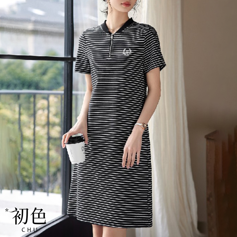 初色 微立領撞色條紋刺繡短袖連衣裙連身洋裝長洋裝-黑白條紋-33979(M-2XL可選)