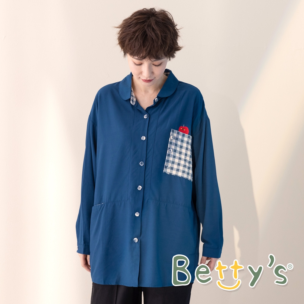 betty’s貝蒂思　格紋拼接水果長版襯衫(深藍)