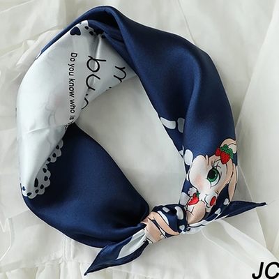JC Collection 100%蠶絲可愛卡通圖案韓版時尚四季百搭柔軟小方巾(藍色)