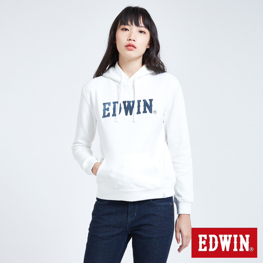 EDWIN 牛仔紋LOGO 厚連帽T恤-女-白色
