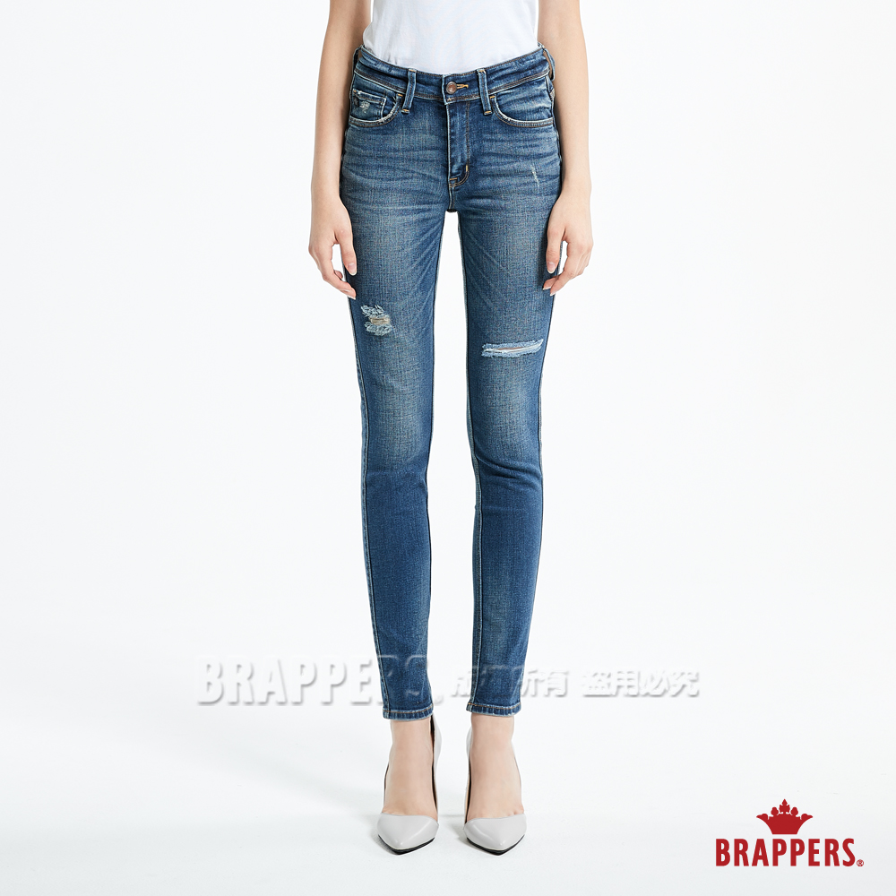 BRAPPERS 女款 新美腳 ROYAL系列-女用中腰彈性窄管褲-藍