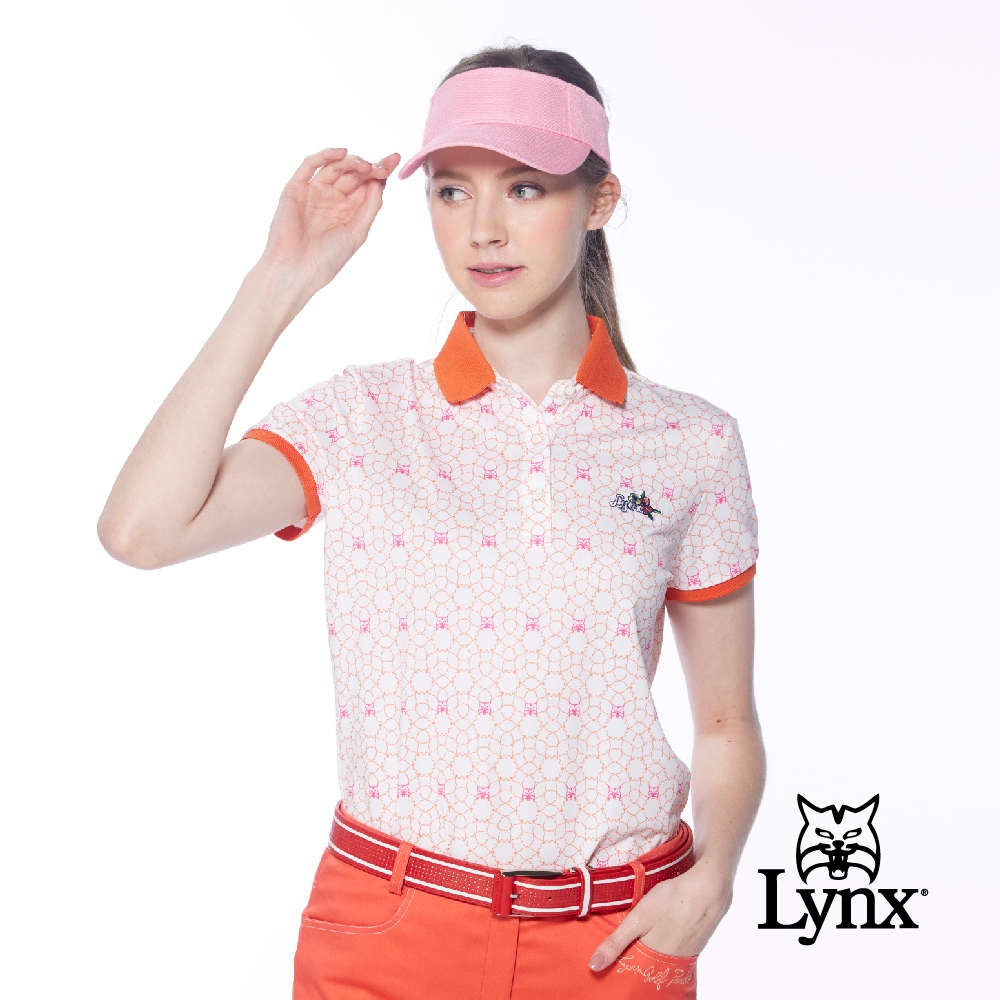 【Lynx Golf】女款吸排抗UV合身版山貓多邊形印花短袖POLO衫/高爾夫球衫-橘色
