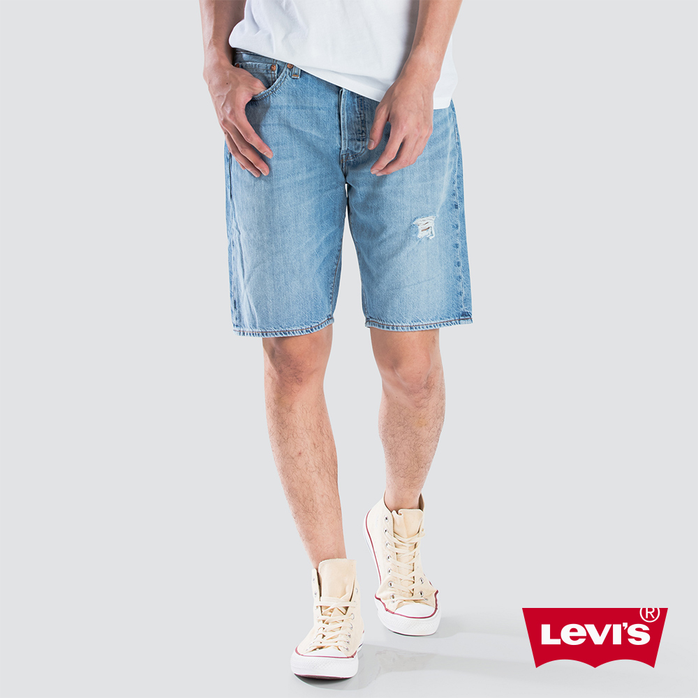 Levis 男款 經典排釦牛仔短褲 破壞 輕磅 無彈性