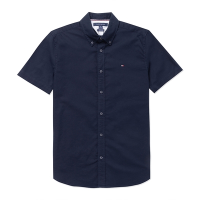 TOMMY 熱銷刺繡Logo短袖襯衫-深藍色