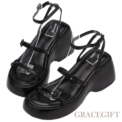 【Grace Gift】甜美圓釦細帶Q彈厚底涼鞋 黑