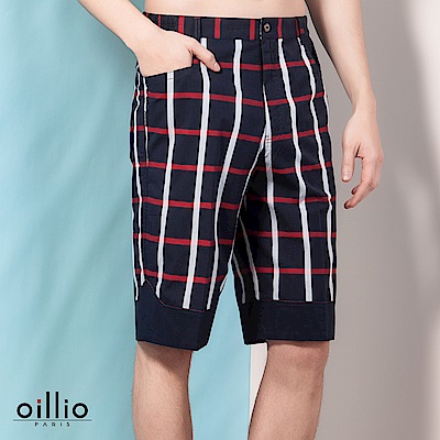 oillio歐洲貴族 休閒時尚格紋短褲 質感深藍純棉布料 藍色