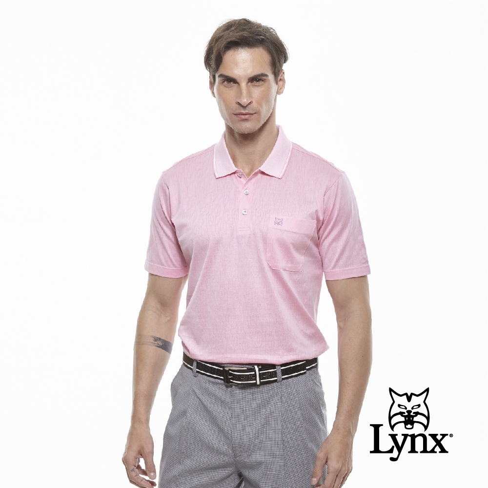 【Lynx Golf】男款雙絲光純棉提花山貓Logo胸袋款短袖POLO衫-粉色