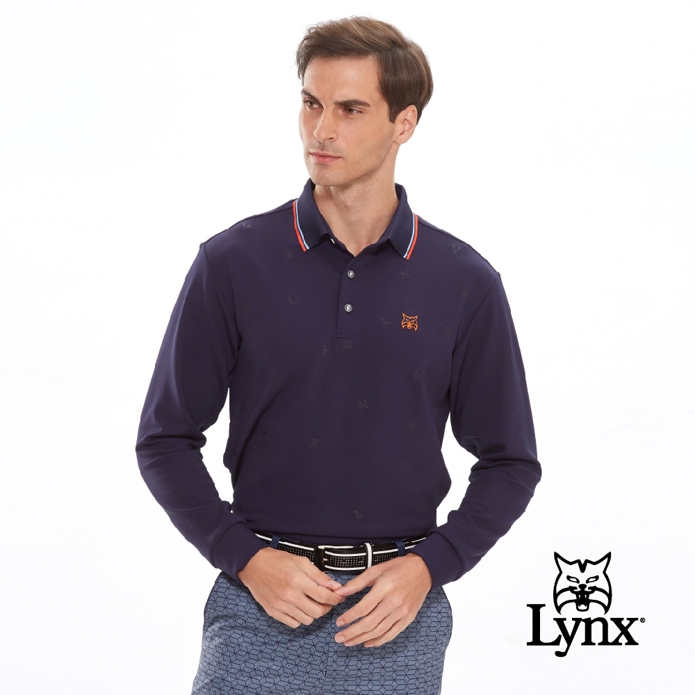 【Lynx Golf】男款保暖舒適刷毛山貓Lynx字體長袖POLO衫-深藍色