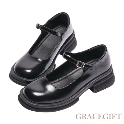 【Grace Gift】個性女孩平底瑪莉珍鞋 黑漆