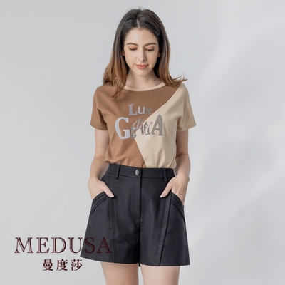 現貨【MEDUSA 曼度莎】字母卡其拼色落肩T恤（M-XL）｜女上衣 短袖上衣 短袖T恤