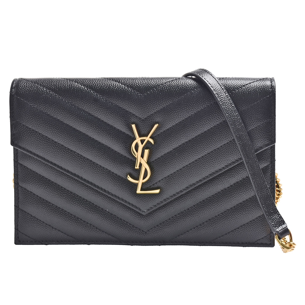 YSL 經典MONOGRAM系列品牌LOGO V字縫小牛皮WOC斜背包(黑色)