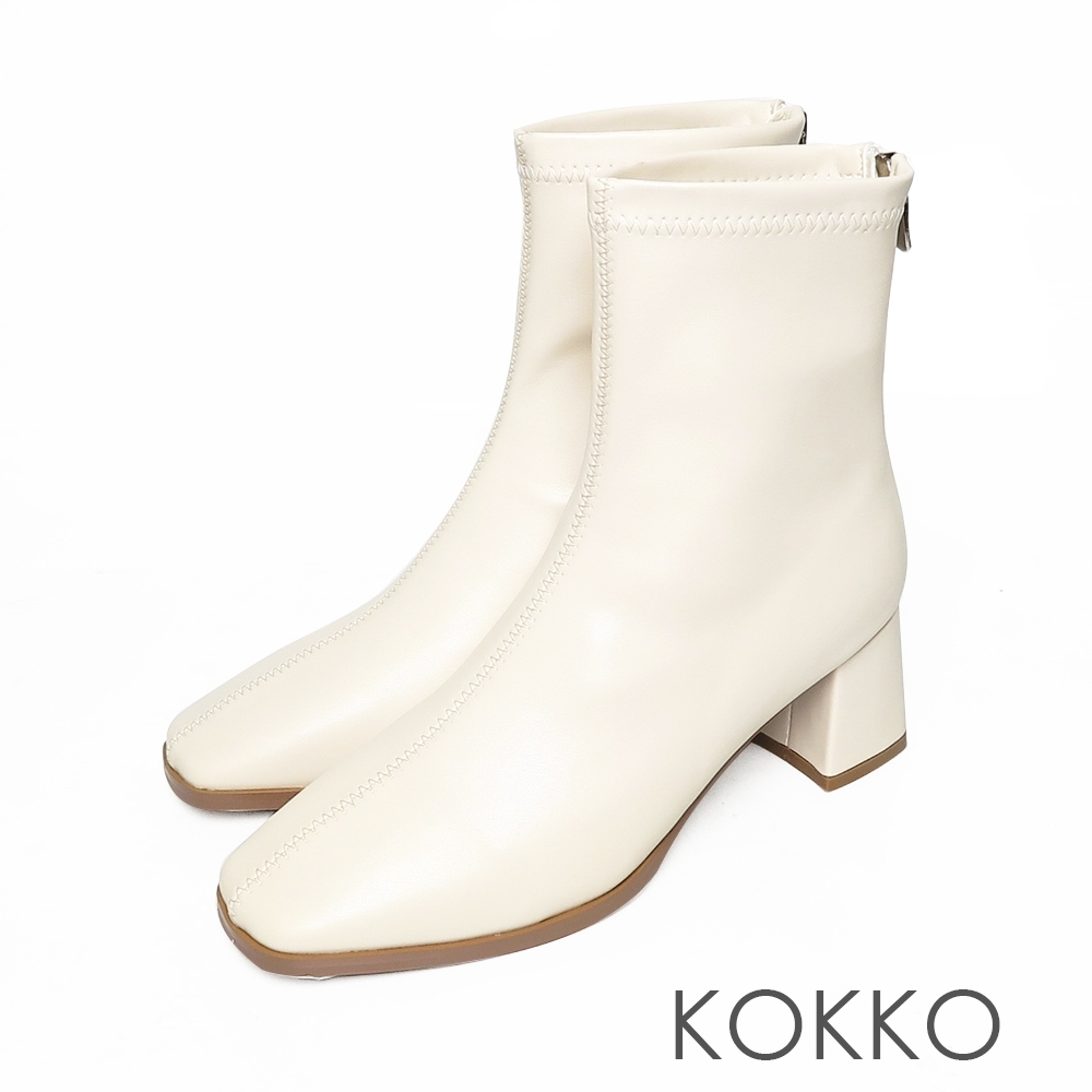 KOKKO激瘦感方頭粗跟短靴白色