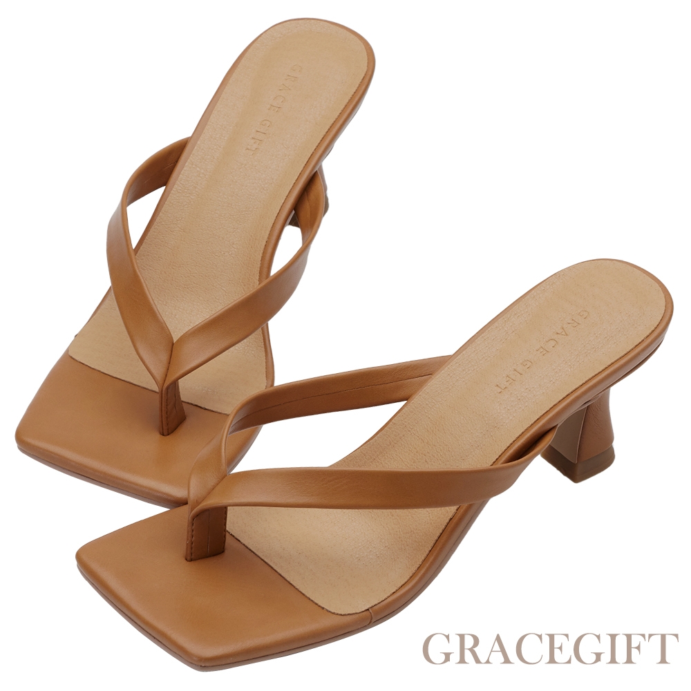 【Grace Gift】人字夾腳中高跟拖鞋 棕 product image 1