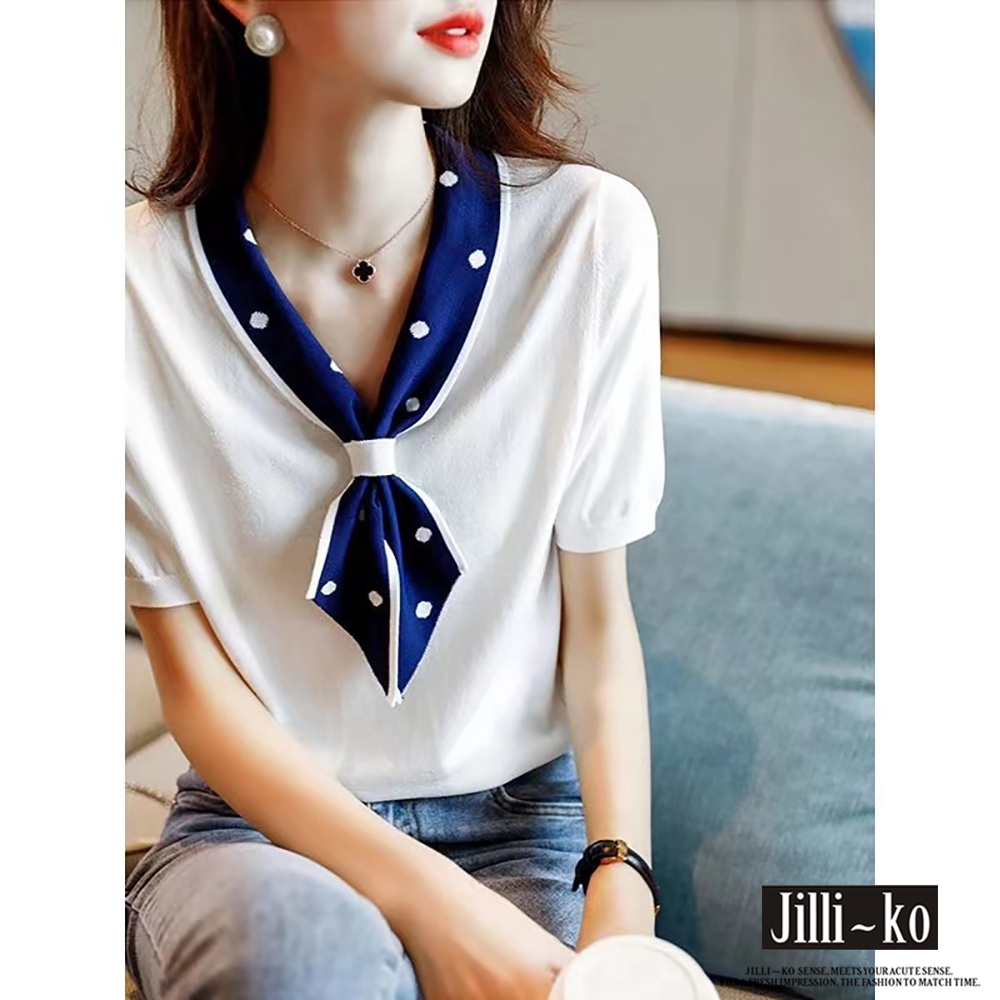 JILLI-KO 薄款V領波點繫帶短袖冰絲針織衫- 白色