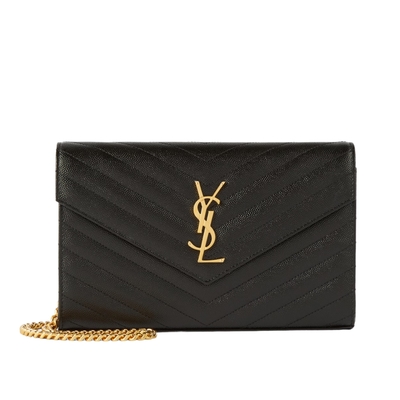 YSL SAINT LAURENT Cassandre Chain Wallet WOC 魚子醬牛皮 鍊條包 手拿包 肩背包 黑色 金色 377828