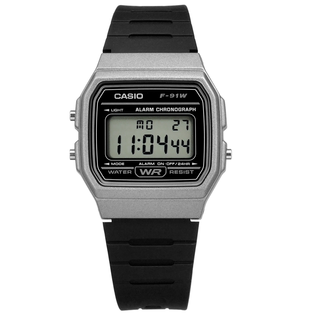 CASIO 卡西歐計時碼錶電子數位橡膠手錶-灰黑色F-91WM-1B 33mm