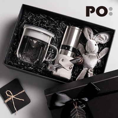 【PO:Selected】丹麥手沖咖啡禮盒組(手動不鏽鋼咖啡磨2.0/咖啡玻璃杯350ml-黑灰)