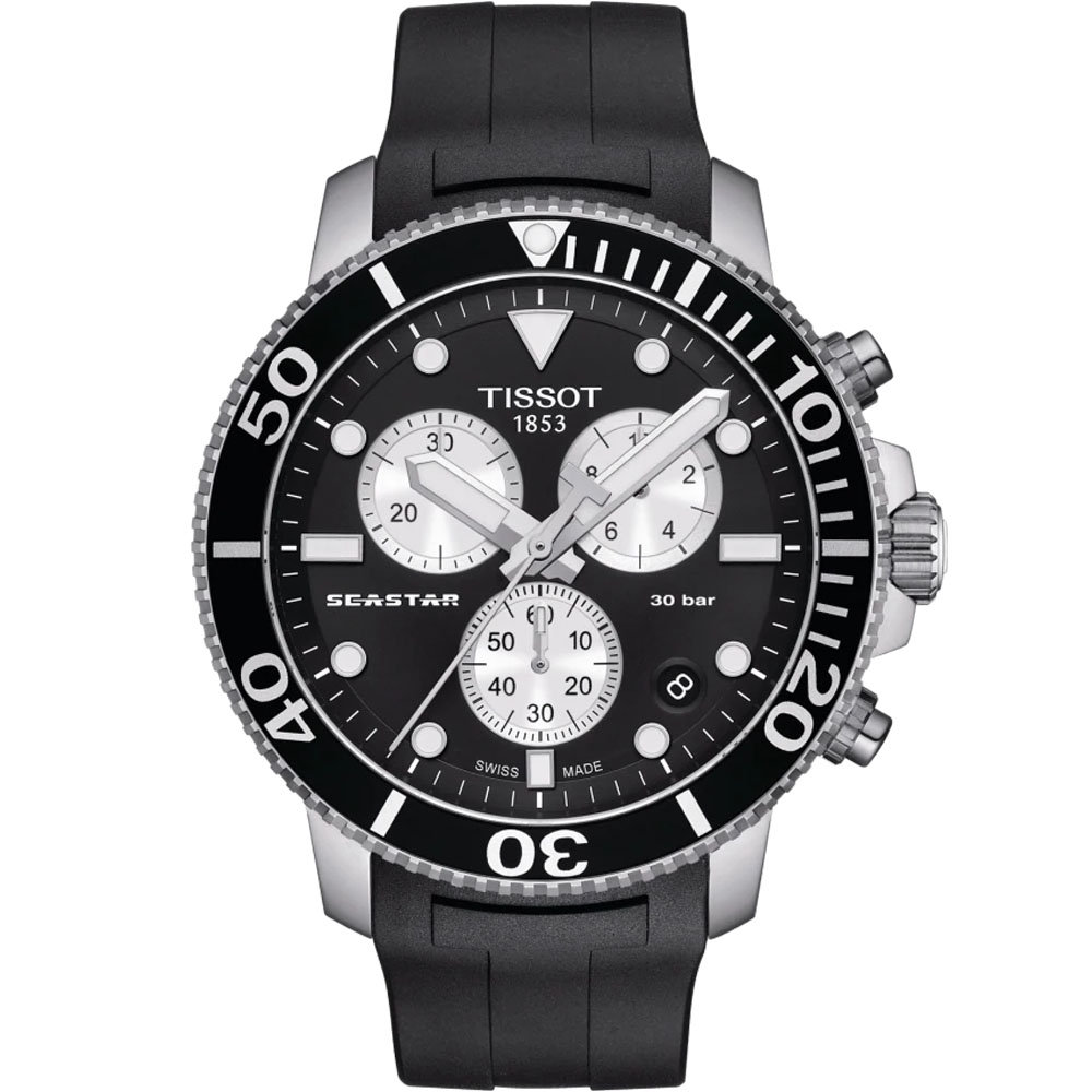 Tissot 天梭Seastar系列 海星300三眼計時潛水腕錶-45mm/黑