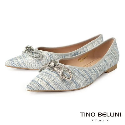 Tino Bellini 多色混織華麗蝴蝶結鑽飾尖頭平底鞋-藍
