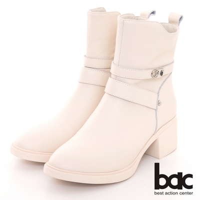【bac】素色粗跟皮帶環率性短靴-米色