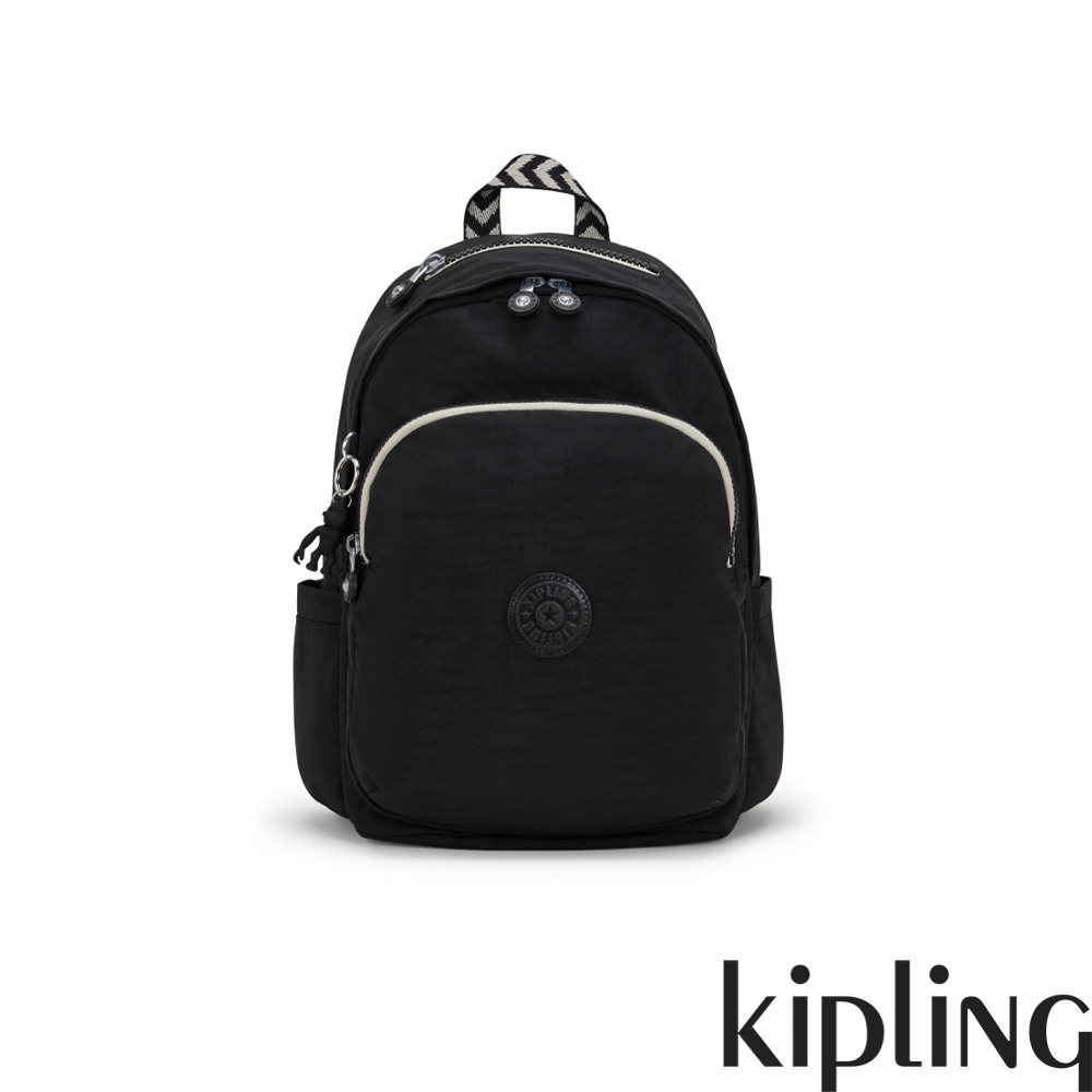 Kipling 黑色人字纹拼接上方拉鍊後背包-DELIA