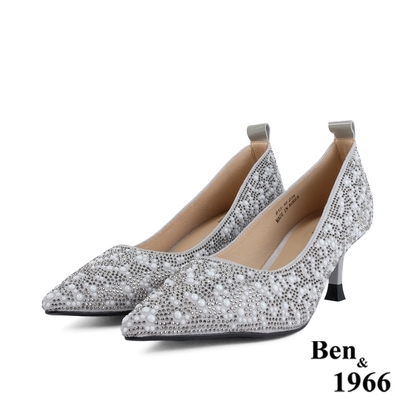 Ben&1966高級燙鑽羊猄絨布流行尖頭高跟鞋-淺灰(218251)