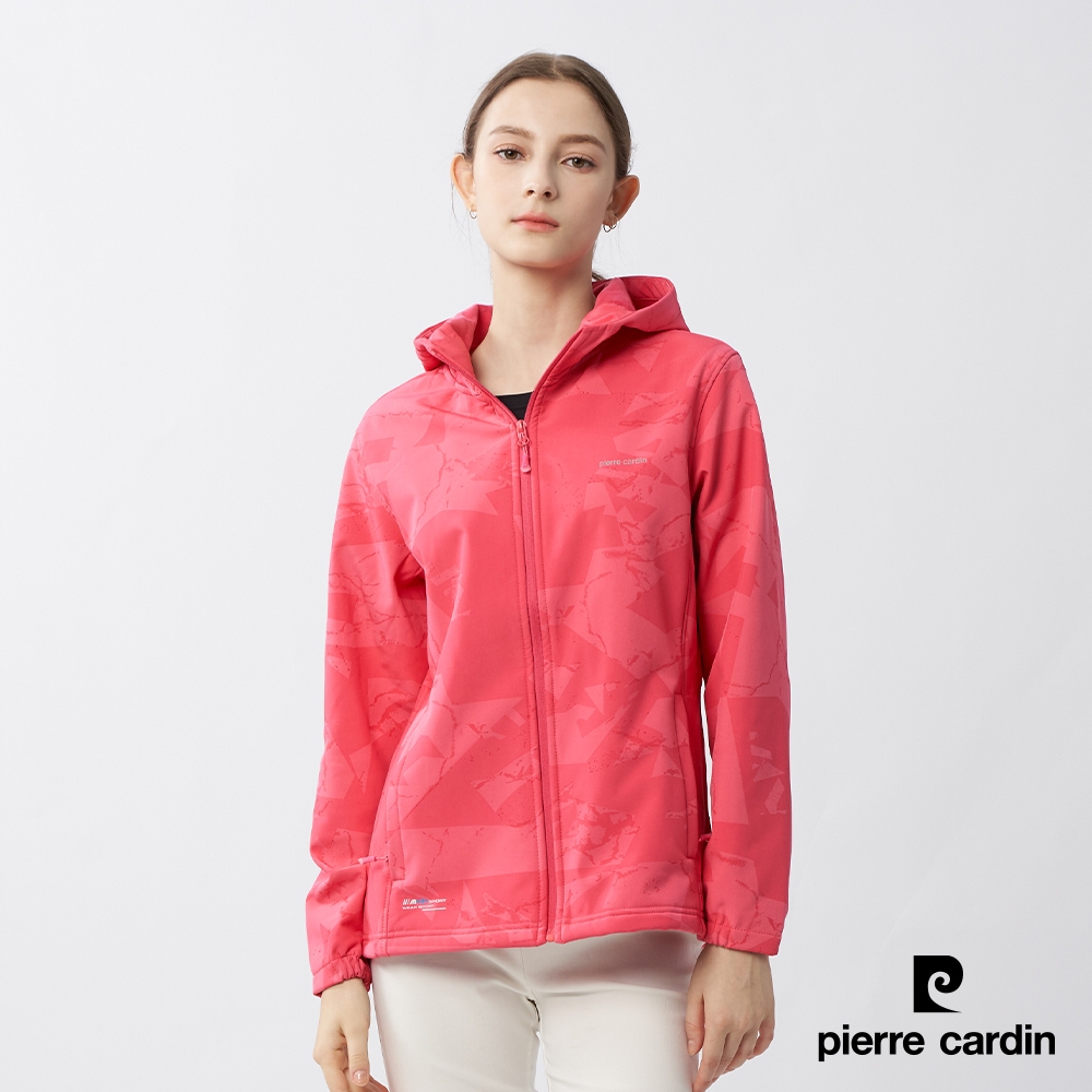 Pierre Cardin皮爾卡登 男女款 防風防潑水彈性機能印花軟殼衣外套(多色任選) (女-桃紅色系)