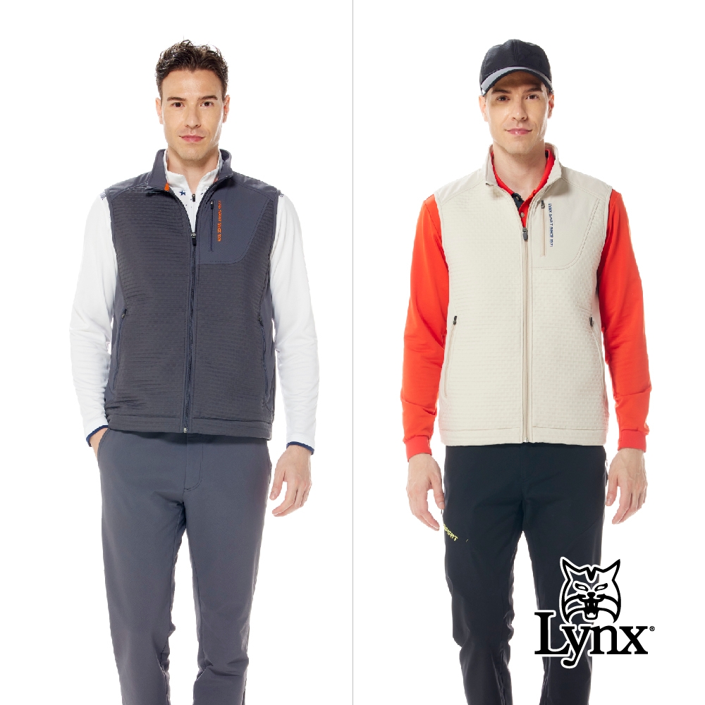 【Lynx Golf】男款防潑水保暖刷毛異材質剪裁拉鍊胸袋款繡花設計無袖背心(二色)