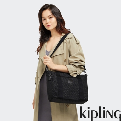 Kipling 經典黑菱格紋印花雙炳手提斜背托特包-ASSENI S