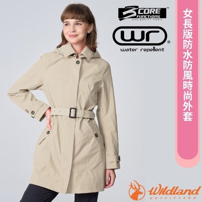 【荒野 WildLand】女 長版防水防風時尚外套(附腰帶).運動機能風衣_W2909-119 亞麻色