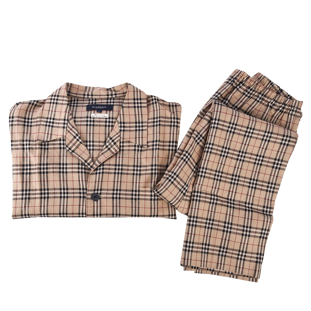 BURBERRY 經典格紋棉麻襯衫男裝休閒家居服套組-卡其色| 精品服飾/鞋子