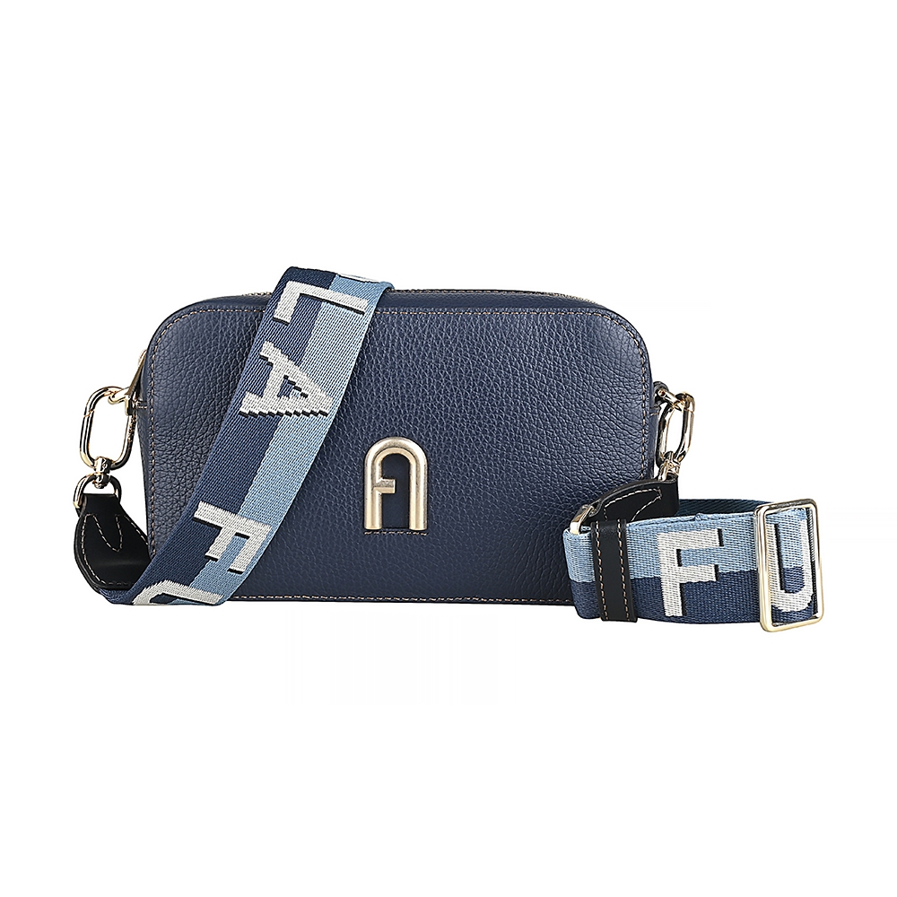 FURLA Primula復古金拱形LOGO粒面牛皮拉鍊斜背包(迷你/地中海深藍)