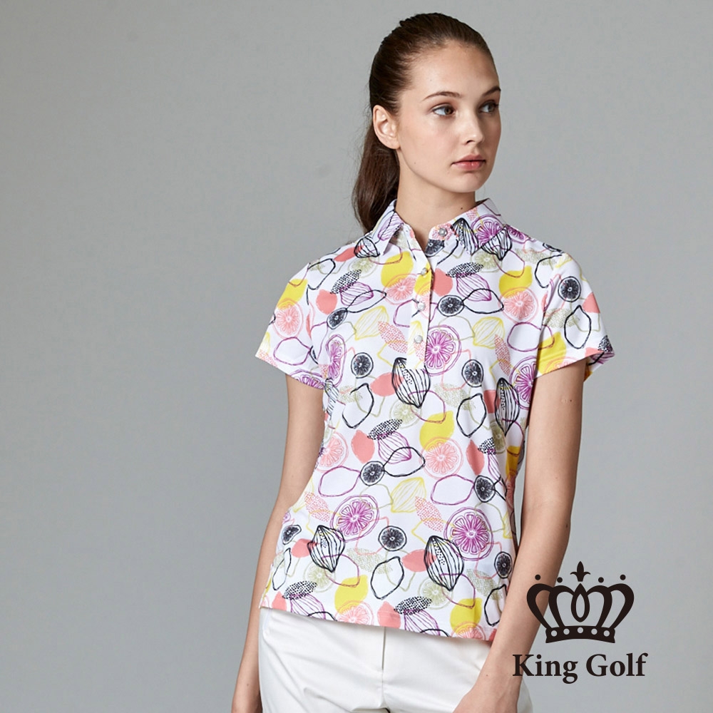 【KING GOLF】女款香檸果香印圖造型POLO衫/高爾夫球衫-白色