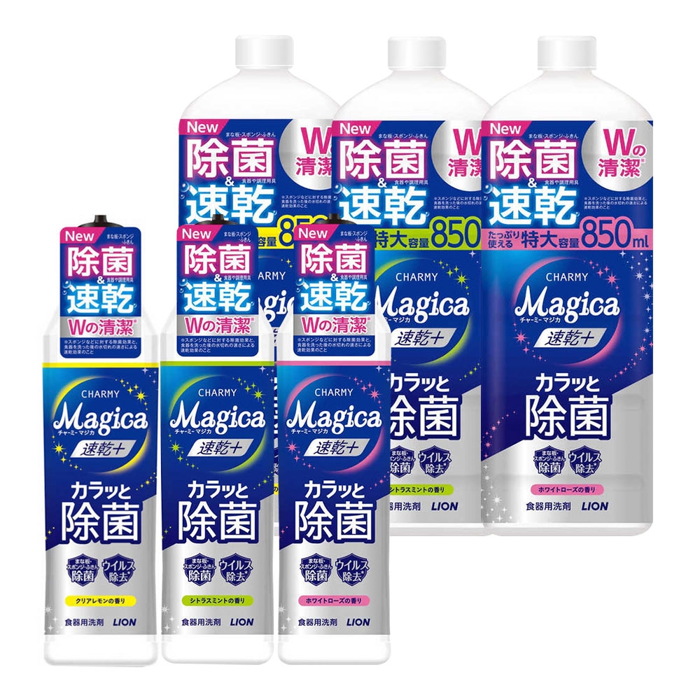 日本LION 家庭4入組  Charmy Magica速乾+ 抗菌系列洗碗精(220ml X1+850ml X3)